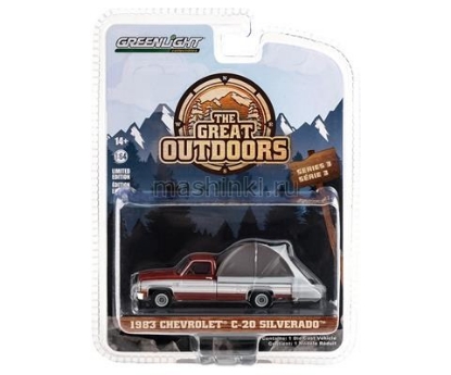Изображение GREENLIGHT 1/64 CHEVROLET C20 Silverado с палаткой 1983 carmine red/silver metallic