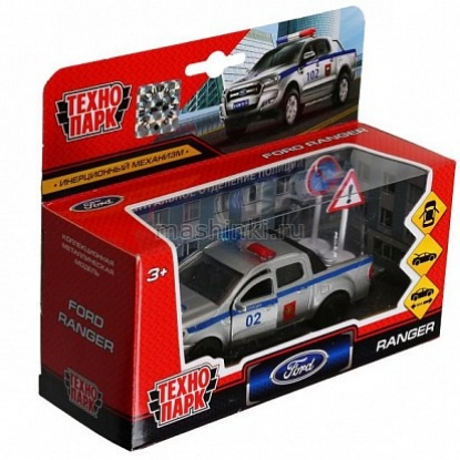 Изображение ТЕХНОПАРК FORD Ranger пикап Полиция 12 см серебристый + 2 дорожных знака