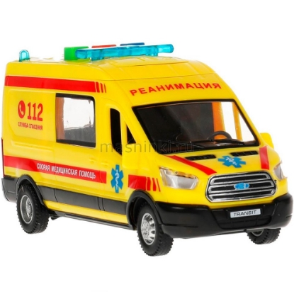 Изображение ТЕХНОПАРК FORD Transit Скорая помощь Реанимация 16 см (свет, звук) пластм. откр. коробка желтый