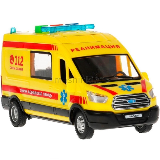 Изображение ТЕХНОПАРК FORD Transit Скорая помощь Реанимация 16 см (свет, звук) пластм. откр. коробка желтый