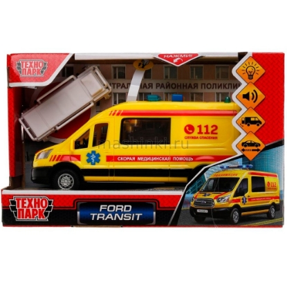 Изображение ТЕХНОПАРК FORD Transit Скорая помощь Реанимация 16 см (свет, звук) пластм. откр. коробка желтый