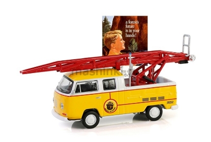 Изображение GREENLIGHT 1/64  VW T2 пикап с двойной кабиной с лестницей A Forest's Future is in Your Hands! 1968 yellow/white/red