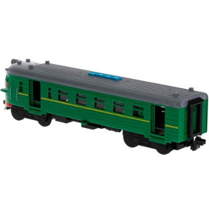 Изображение ТЕХНОПАРК Электричка 30 см (свет, звук, 4 кнопки) пластм. зеленый+желтая полоса откр. коробка