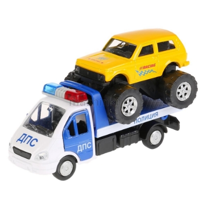 Изображение ТЕХНОПАРК ГАЗЕЛЬ эвакуатор 12 см + LADA 4х4 7,5 см желтый