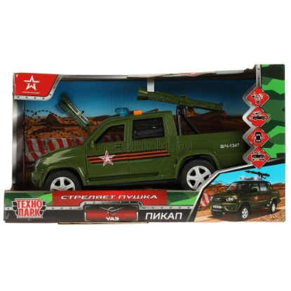 Изображение ТЕХНОПАРК УАЗ пикап военный 22 см 4 кнопки (свет, звук, пушка стреляет) пластм. хаки откр. коробка