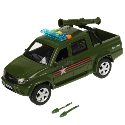 Изображение ТЕХНОПАРК УАЗ пикап военный 22 см 4 кнопки (свет, звук, пушка стреляет) пластм. хаки откр. коробка