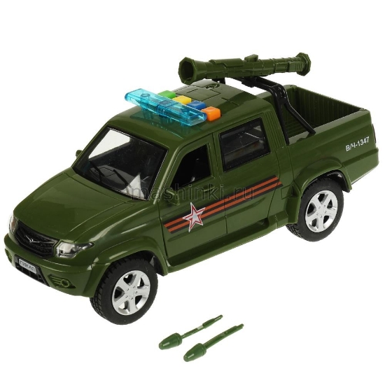 Изображение ТЕХНОПАРК УАЗ пикап военный 22 см 4 кнопки (свет, звук, пушка стреляет) пластм. хаки откр. коробка