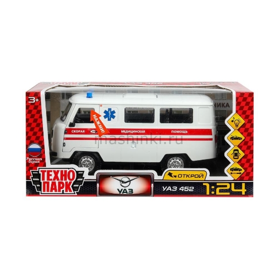 Изображение ТЕХНОПАРК 1/24 УАЗ-452 Скорая медпомощь 18,5 см (свет, звук, открыв. 4/5) белый