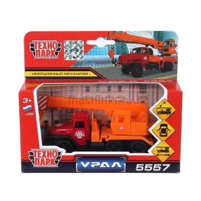 Изображение ТЕХНОПАРК УРАЛ-5557 автокран 12 см красно-оранжевый